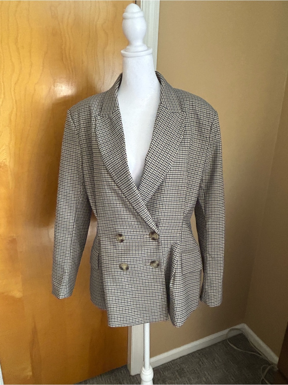 H&M Double-Breasted Houndstooth Blazer - Beige & Black